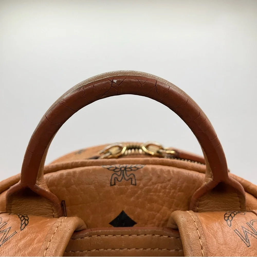 MCM Visetos Brown Cognac Monogram Gold Studded Leather Backpack - Picture 6 of 15